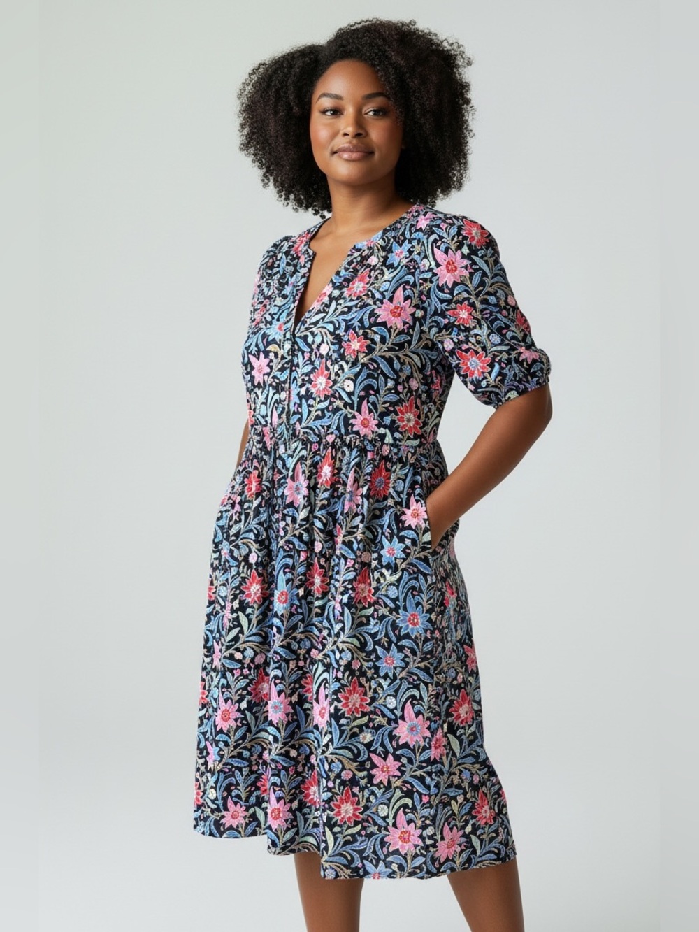 LOFT Navy Dress with Pink and Light Blue Floral Print